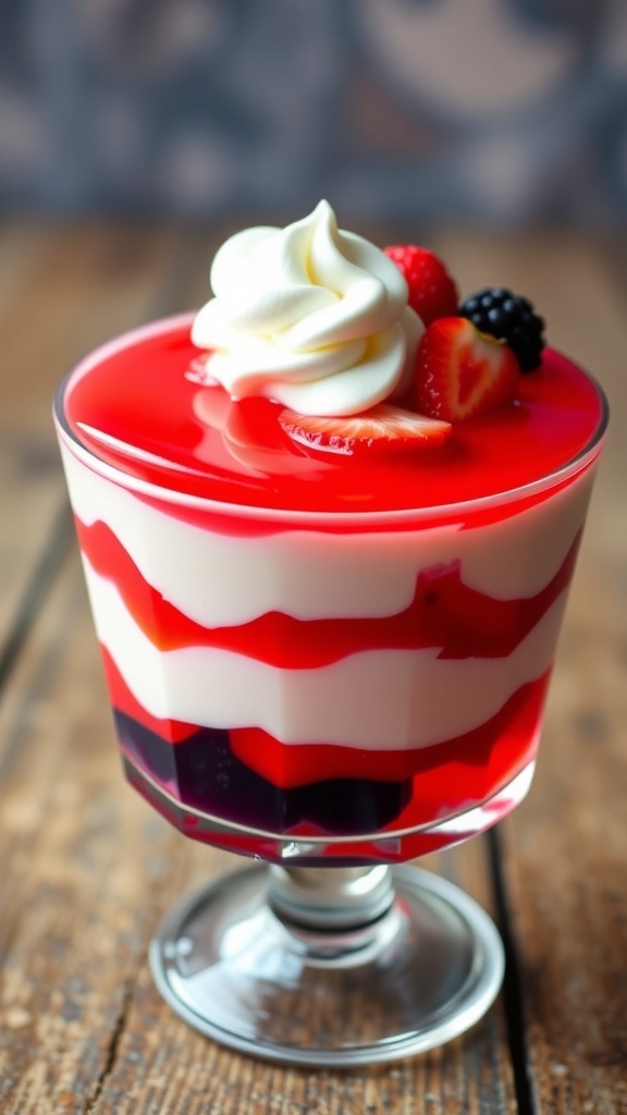 Layered Ice Cream Jello Dessert Layered ice cream jello dessert with red jello, white ice cream, topped with whipped cream and berries.